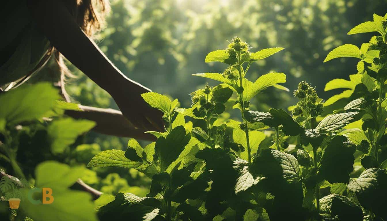 Cluster of lemon balm leaves being picked