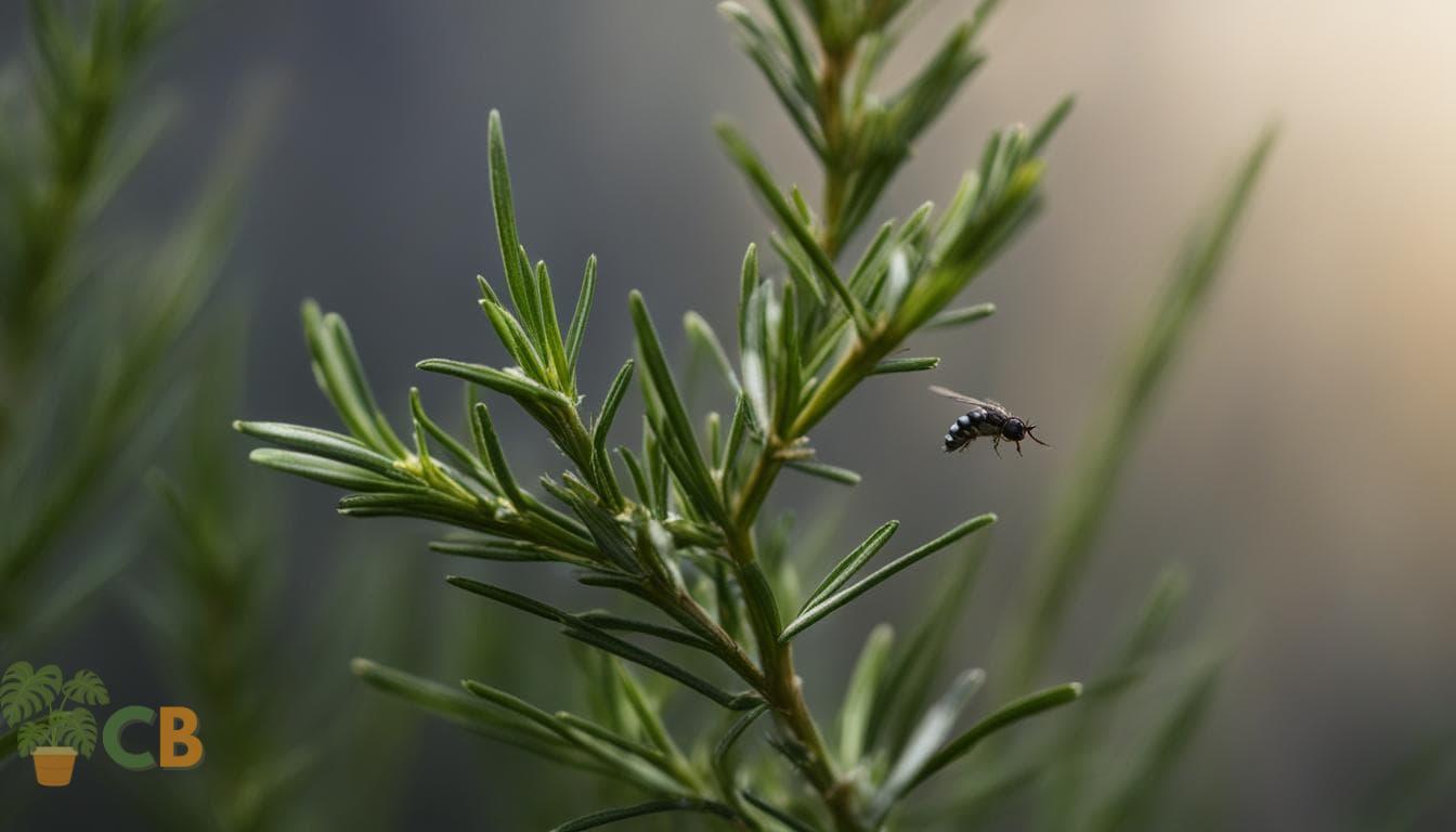 Sprig of rosemary with small fly buzzing around it