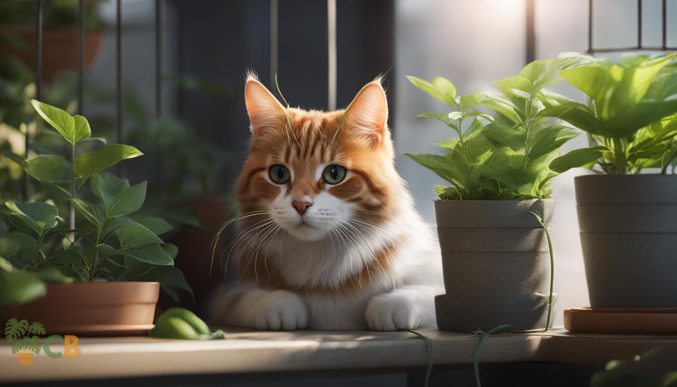 Cat near indoor pot plants to square away squirrels