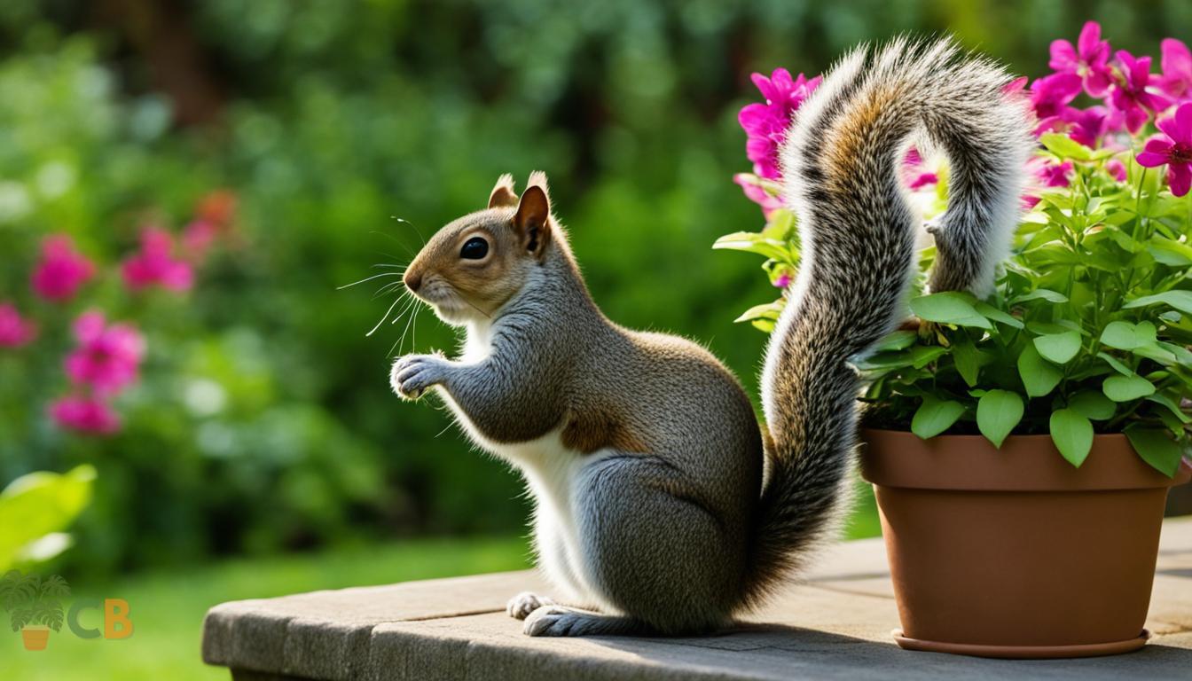 Squirrel next to flowers in a plant pot