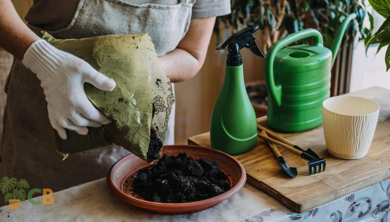 Mixing premium organic potting soil for spider plants