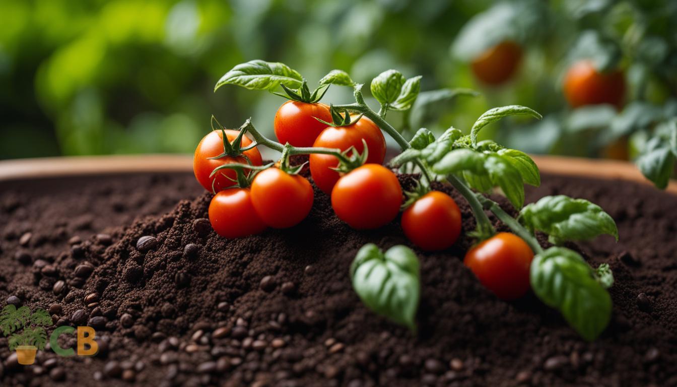 Tomatoes growing in rich soil with coffee grounds