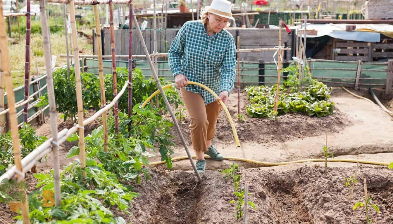 Watering tomatoes with a garden hose