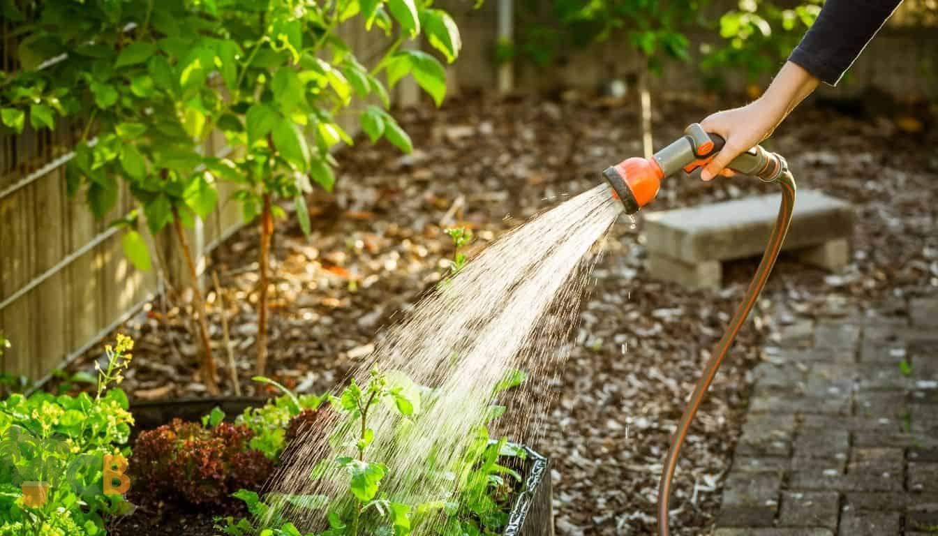 Watering plants in the early evening