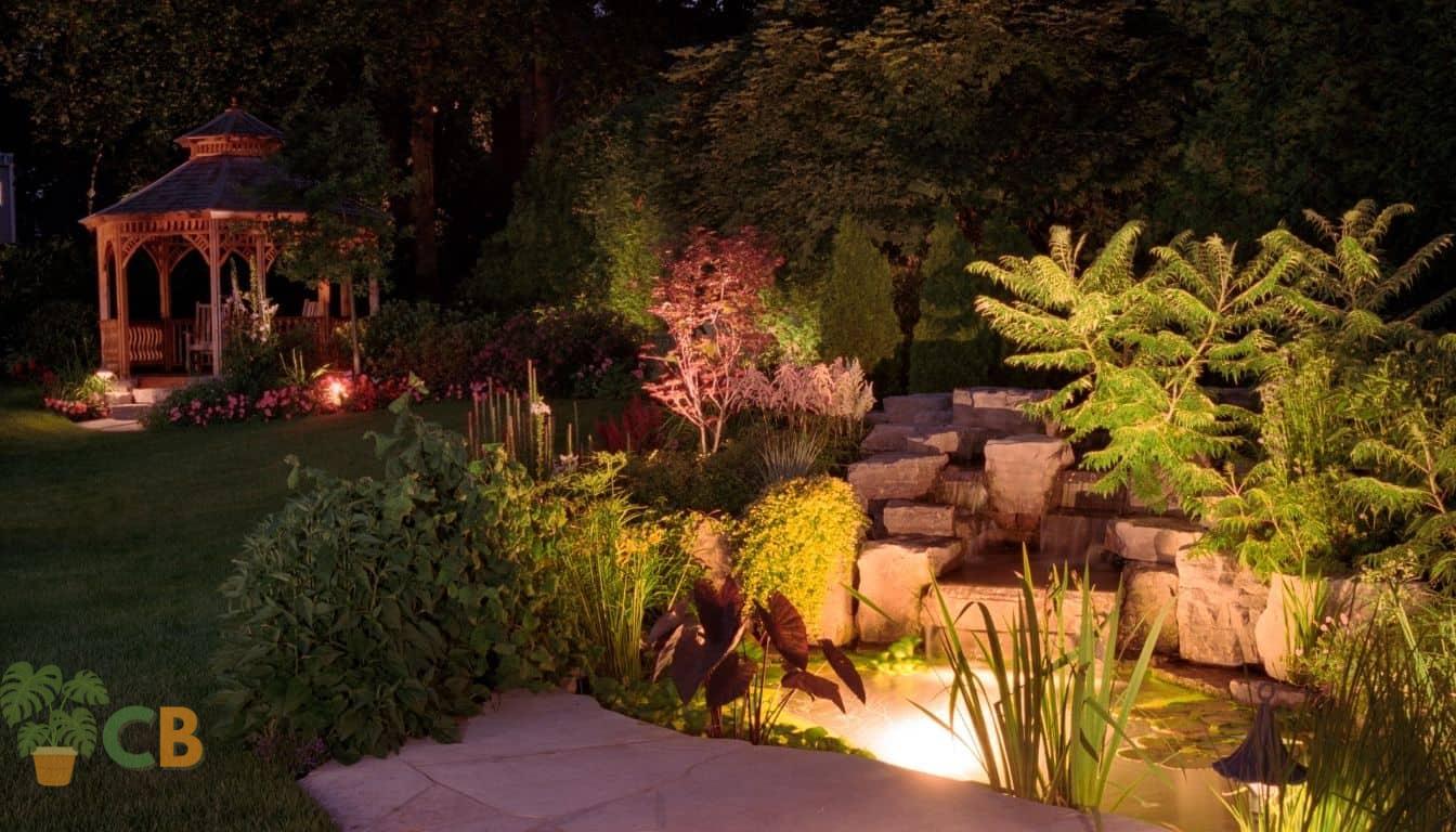 A stunning garden and pond shown at night with garden lights