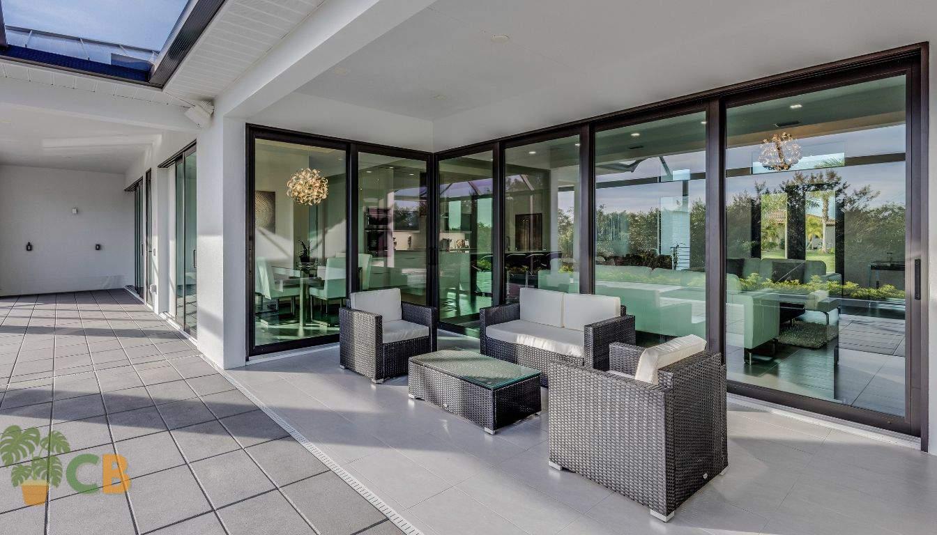 Covered patio with stone and marble pavers