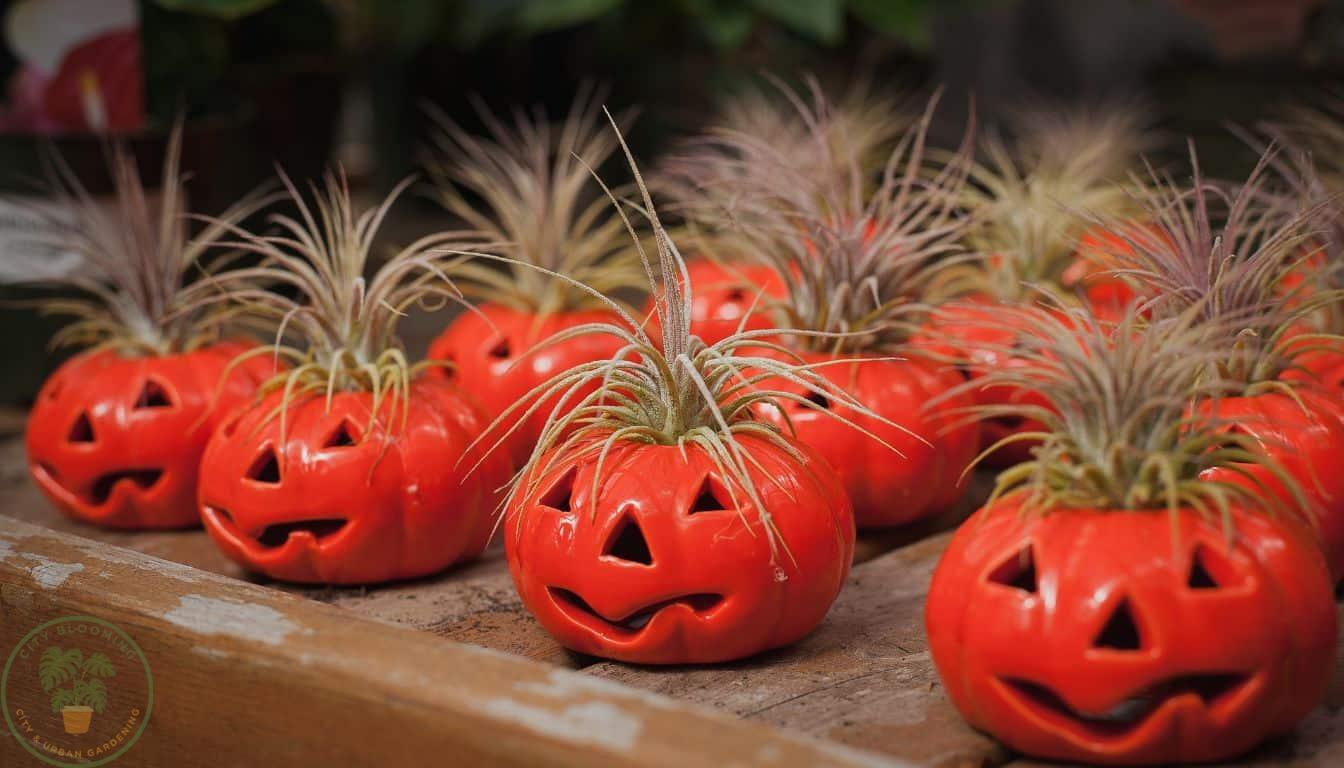 Air plants growing in Halloween pumpkin pots