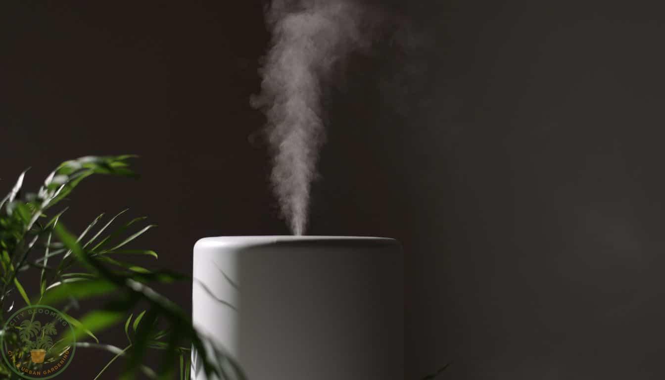 Humidifier adding humidity to an indoor plant area