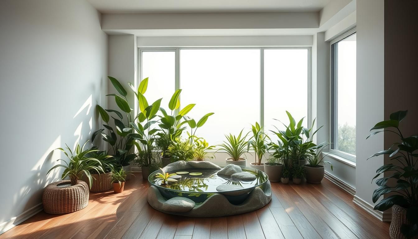 Small indoor pond with surrounding plants