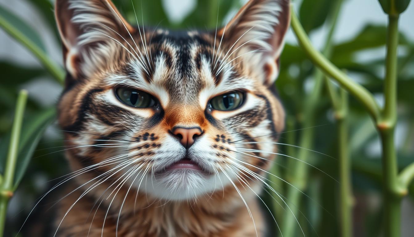 A beautiful cat sitting in front of some houseplants