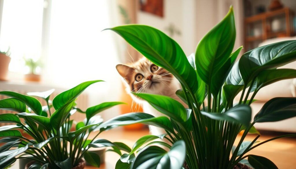 Kitten exploring around houseplants